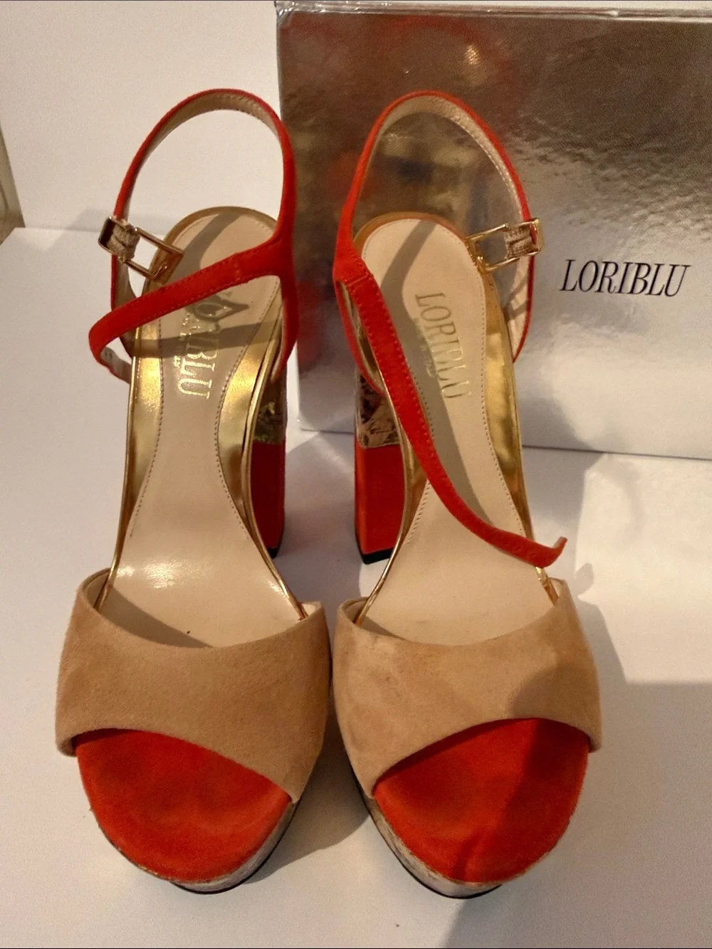 Loriblu Beige Suede & Red Floral-Accent Platform Slingbacks